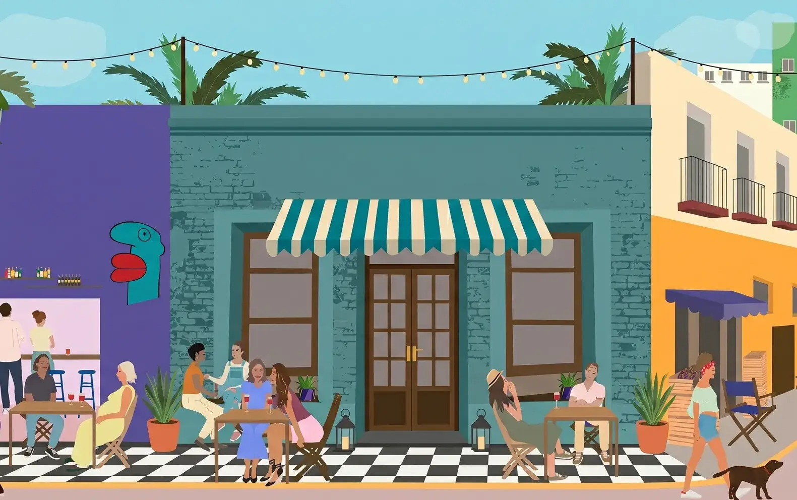 Café de barrio en una calle latinoamericana, con gente, mesas y fachadas coloridas