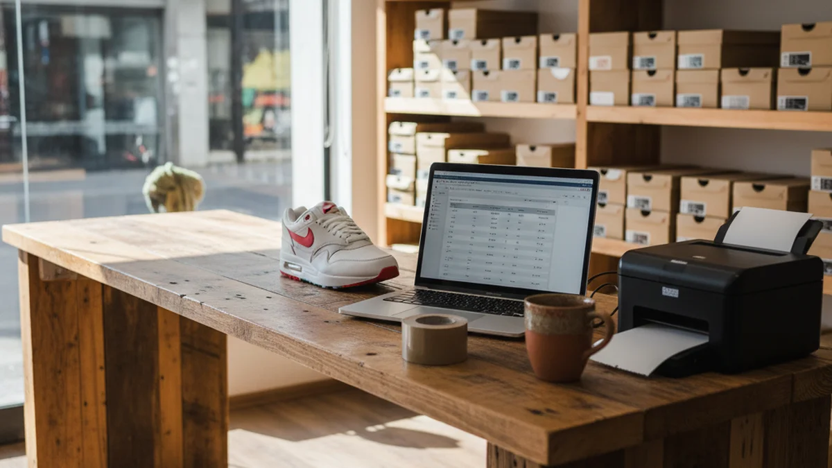 Mostrador de una zapatería argentina con una notebook mostrando Bepos, zapatillas Nike listas para enviar y elementos cotidianos de un negocio real