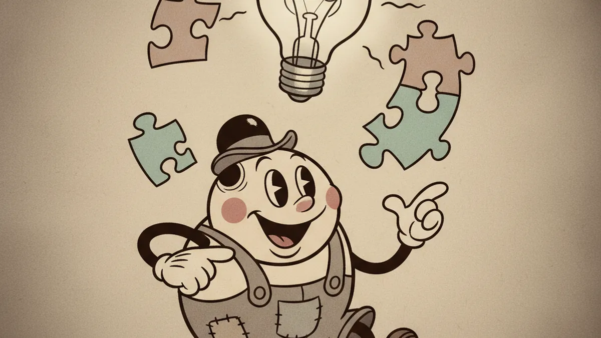 Emprendedor creativo con ideas resolviendo problemas, ilustración cartoon vintage