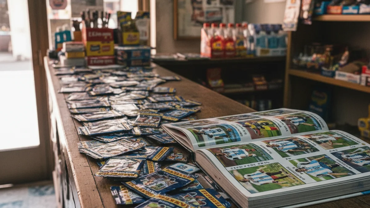 Mostrador de kiosco argentino con paquetes de figuritas del Mundial y album de Panini abierto