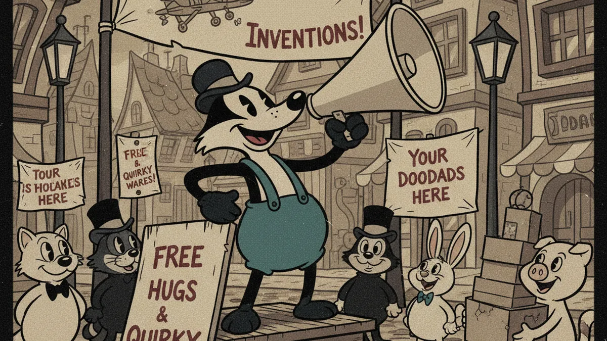 Emprendedor cartoon con megáfono y tácticas de marketing no convencional, ilustración vintage