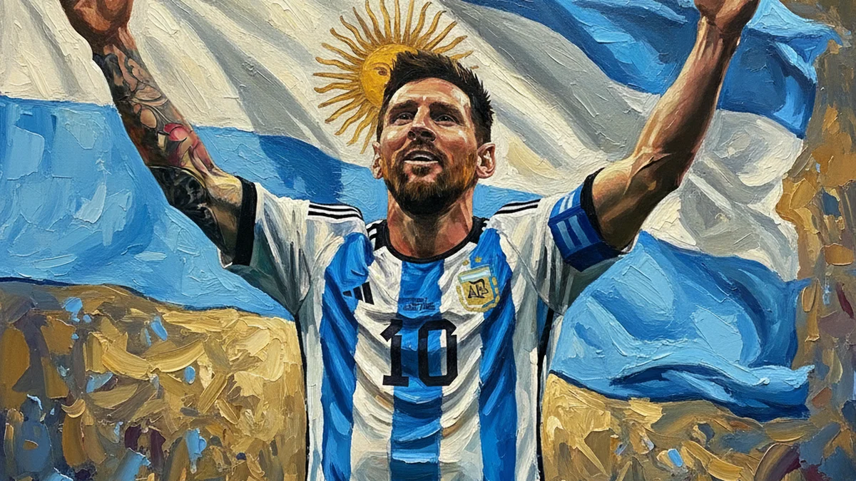 Messi pintado al óleo con la bandera argentina de fondo