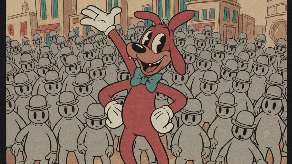 Personaje cartoon único destacando entre la multitud, personalidad de marca, ilustración vintage
