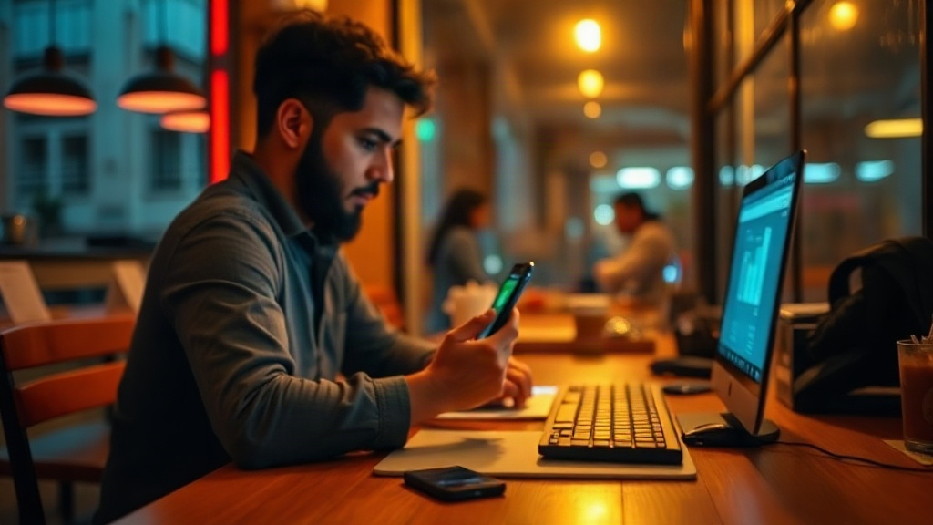 Emprendedor colombiano en escritorio de Bogotá de noche, celular con chat de WhatsApp y confirmación de pago, luz cálida, sin logos legibles